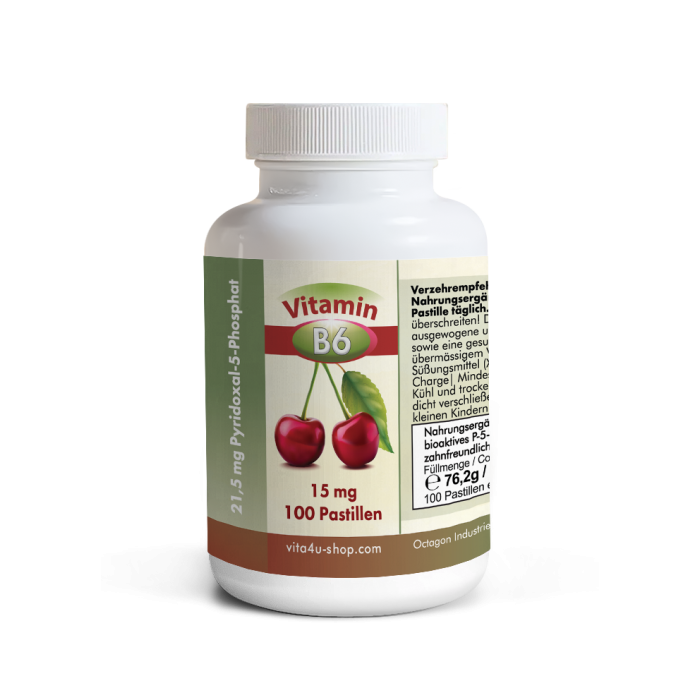 Vitamin B6 aktiv (Pyridoxal-5-Phosphat) 15 mg von Vita 4U, Dose mit 100 zuckerfreien Kirsch-Lutschpastillen