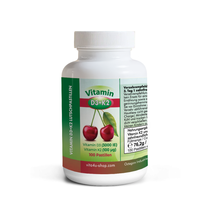 Nahrungsergänzungsmittel mit Vitamin D3, Vitamin K2 und Xylit als zuckerfreie, zahnfreundliche Kirsch-Lutschpastille.