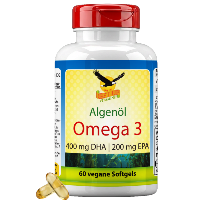 Omega-3 veganes Algenöl, 100 mg DHA & EPA, 60 Kapseln, Nahrungsergänzung für Herz, Gehirn und Augen, pflanzliche Quelle, Produktdose mit Etikett “Get UP” Omega-3 veganes Algenöl, 100 mg DHA & EPA, 60 Kapseln, Nahrungsergänzung für Herz, Gehirn und Augen, pflanzliche Quelle, Produktdose mit Etikett “Get UP”