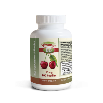 Vitamin B6 aktiv (Pyridoxal-5-Phosphat) 15 mg von Vita 4U, Dose mit 100 zuckerfreien Kirsch-Lutschpastillen