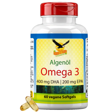 Omega-3 veganes Algenöl, 100 mg DHA & EPA, 60 Kapseln, Nahrungsergänzung für Herz, Gehirn und Augen, pflanzliche Quelle, Produktdose mit Etikett “Get UP”