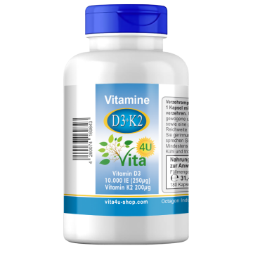 Vitamin D3 + K2 Depot | D3 10000 IE + K2 200μg | 180 Depot-Kombi-Kapseln | vegan & hoch dosiert